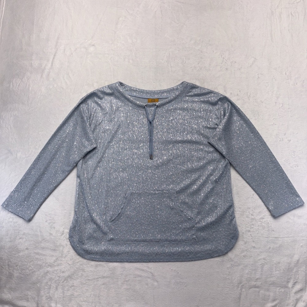 Ruby Rd Petite PL Silver Glitter Knit Top Zip Pull Sparkle Festive Cozy Chic